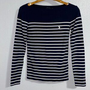 Polo Ralph Lauren Women’s Navy White Striped Cotton Long Sleeve Shirt Small